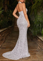 Vestido largo blanco de lentejuelas con escote halter de sirena glamorosa para fiesta de noche con abertura S24242