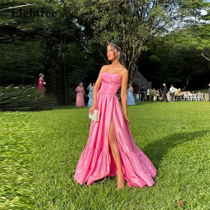 Vestido Longo Simples Rosa em Linha A, Sem Alças, Sem Mangas, Vestidos de Clube com Fenda Lateral, Vestido Formal para Festa, Noite e Evento Y6242