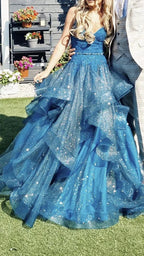 Azul brilhante com decote em v tule apliques lantejoulas longo vestido de baile cinta de espaguete vestido de noite y8051