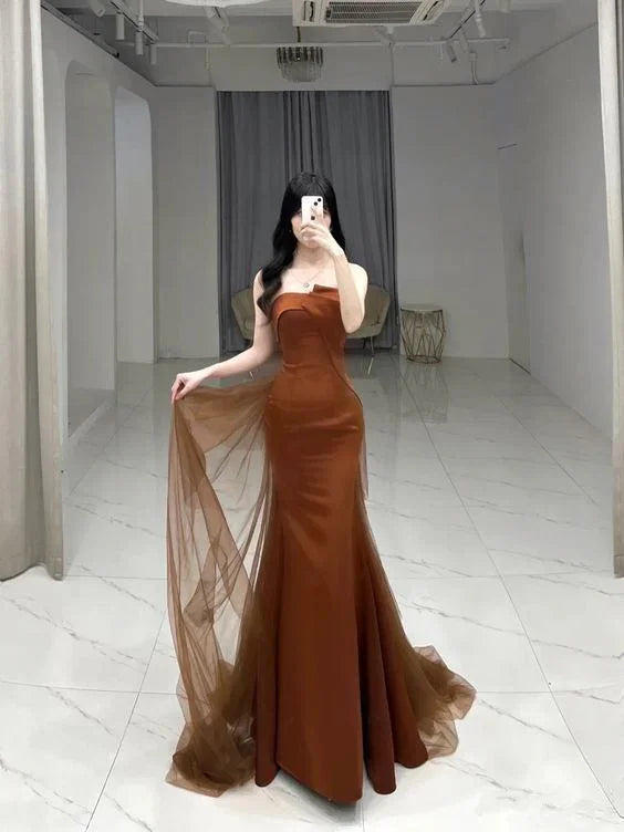 Vestido largo de noche elegante sirena sin tirantes, vestido formal Y2068