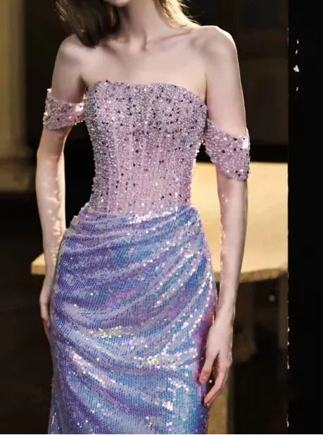 Vestido largo formal de noche morado con lentejuelas y cuentas, estilo sirena, con hombros descubiertos y brillo Y8182