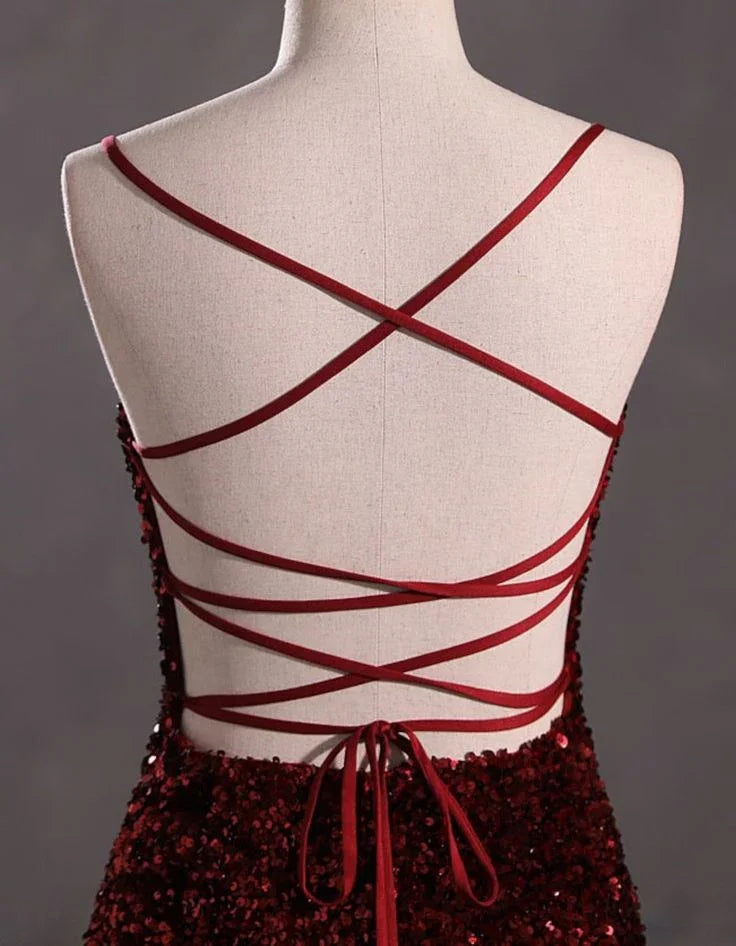 Vestido Formal de Baile de Finalistas com Costas Abertas, Brilhante, Slim, Borgonha Y4164