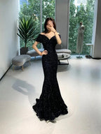 Vestido de Baile Preto Sereia com Ombros Descobertos, Vestido de Noite Preto Y4022