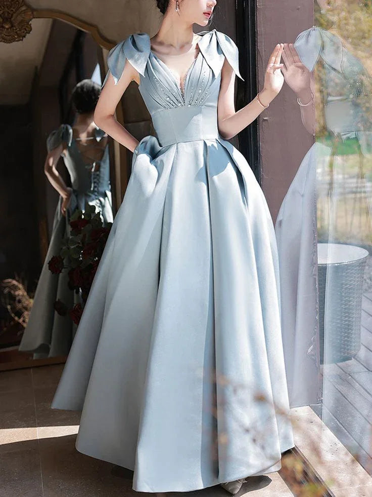 Blue V Neck Satin Long Prom Dress Blue Satin Evening Dresses Y4780