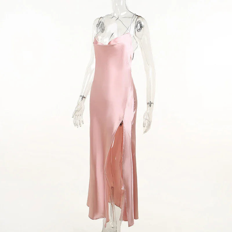 Vestido largo de fiesta rosa sirena sexy, vestido de noche rosa sin espalda Y1933