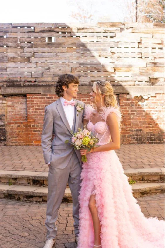 Vestido cor-de-rosa de tule com folhos Vestido de baile de tule Corpete Vestido de noite de tule Y6093