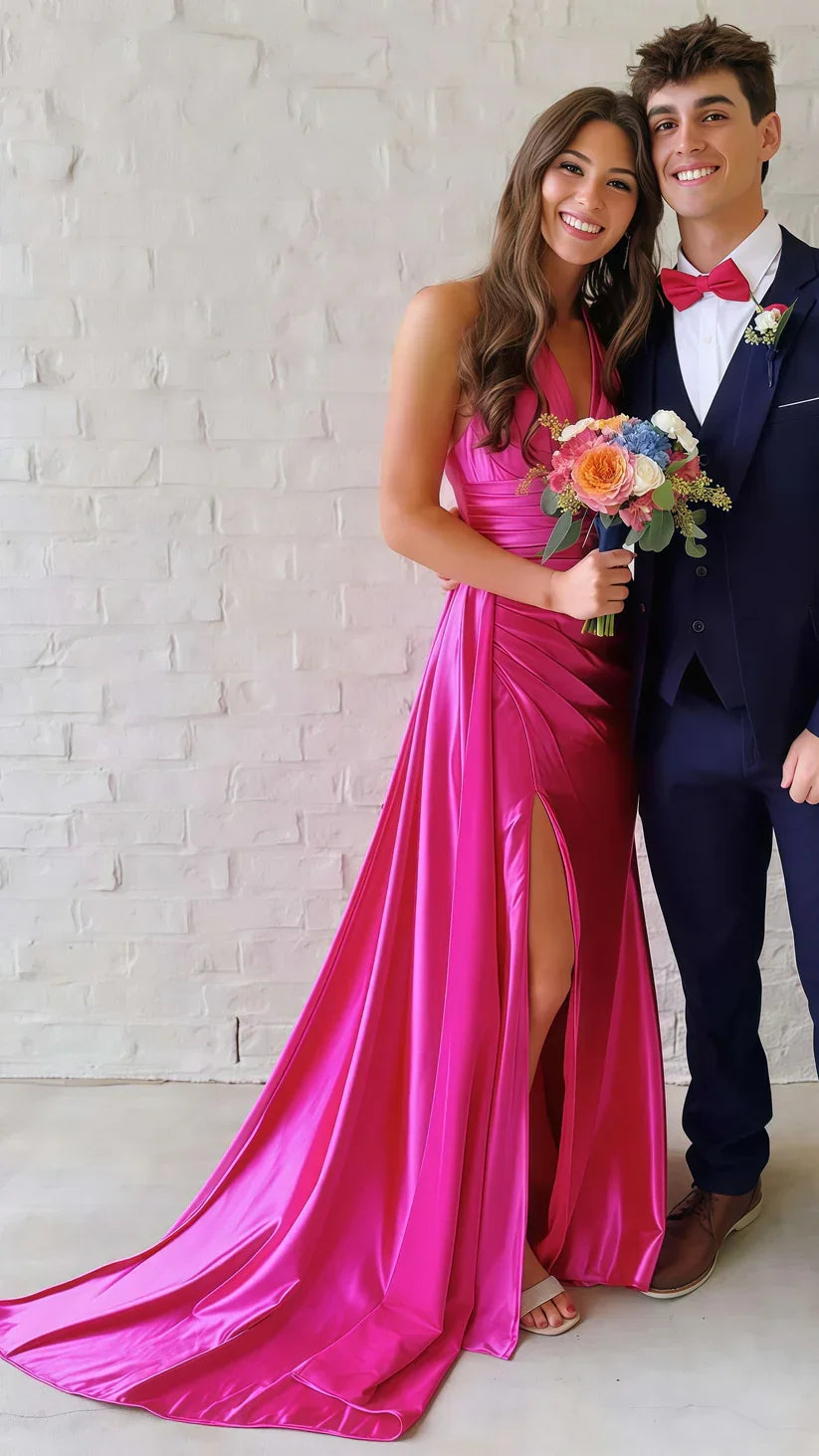 Vestido de cerimónia verde com decote em V, franzido, justo ao corpo, com racha longa Y8022