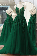 Vestidos longos de baile verdes com decote em V, renda floral, linha A, tule, vestidos formais de noite Y4251