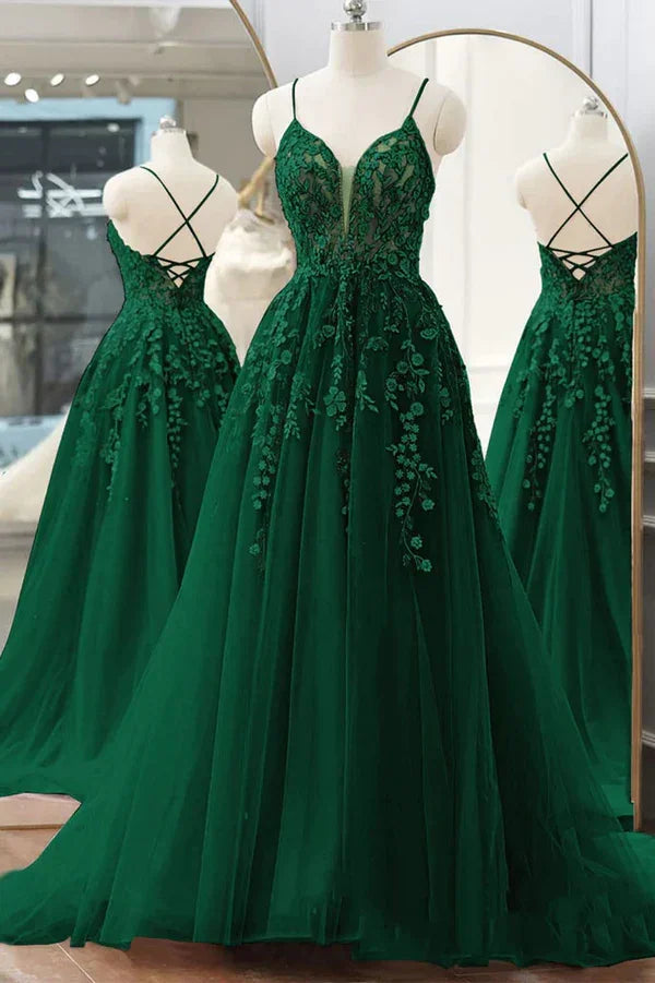 Vestidos longos de baile verdes com decote em V, renda floral, linha A, tule, vestidos formais de noite Y4251