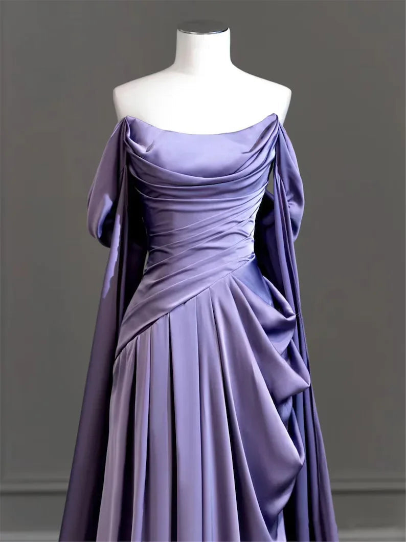 Vestido longo modesto de cetim roxo para baile Vestido de noite roxo Y2589