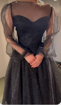 Black Shiny Prom Dress Tulle Sleeves Evening Dress Y35