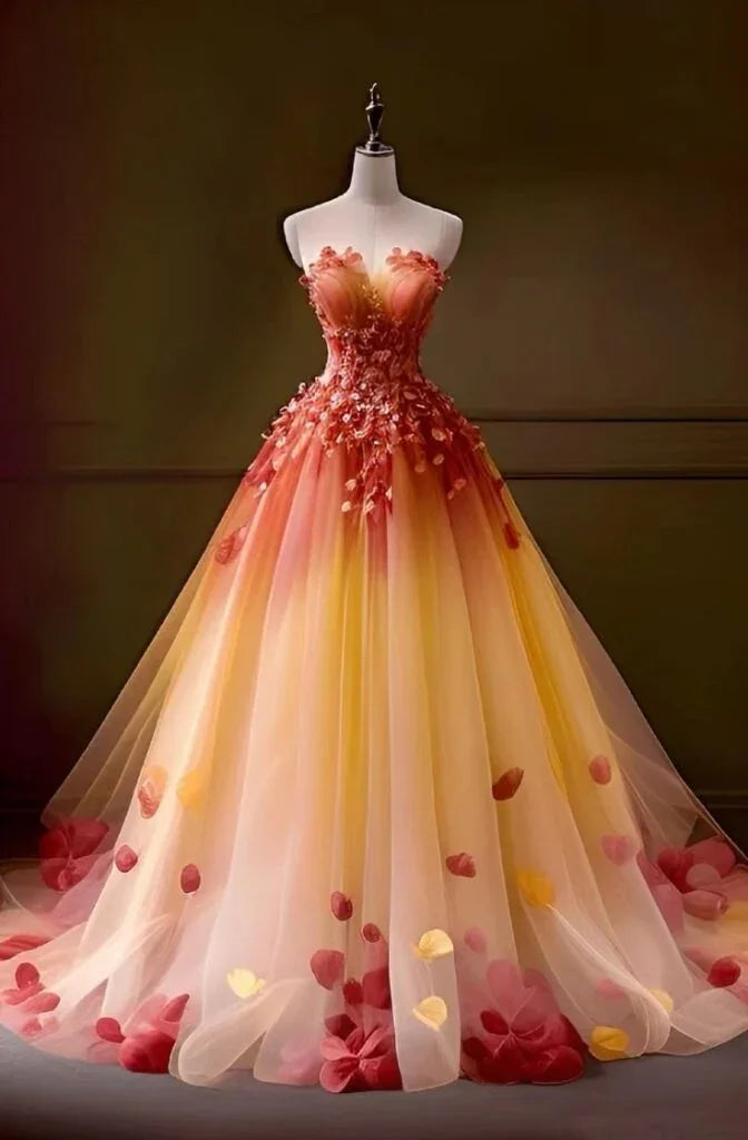 Vestido de fiesta sin tirantes con apliques de tul bonito y falda en línea A Y8360