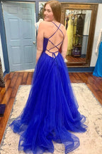 V-Ausschnitt Rückenfreies Blaues Tüll-Langes Ballkleid mit Hohem Schlitz, Rückenfreies Blaues Festliches Abschlussabendkleid Y218