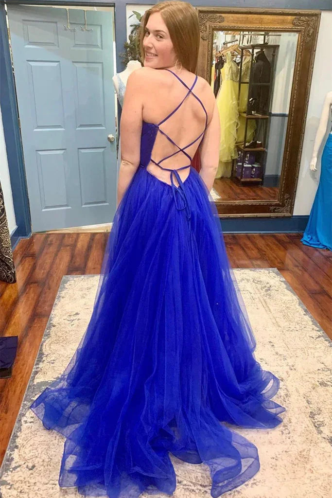 V-Ausschnitt Rückenfreies Blaues Tüll-Langes Ballkleid mit Hohem Schlitz, Rückenfreies Blaues Festliches Abschlussabendkleid Y218