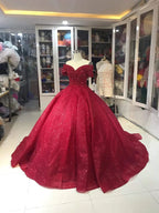 Luxuriöses schulterfreies rotes glitzerndes Perlenballkleid Süßes 16 Kleid Y1275