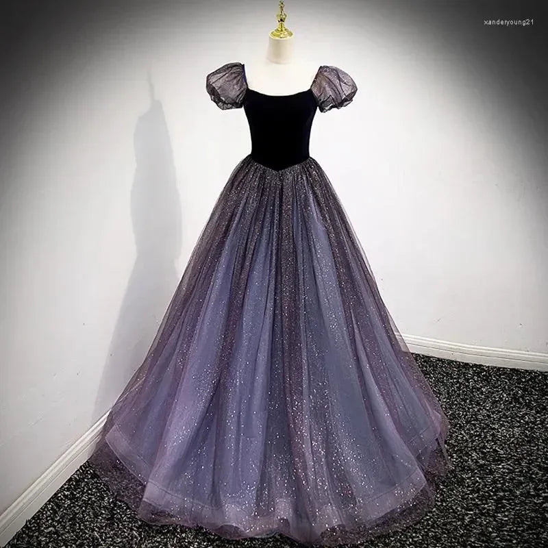 Lila Tüll Kurzarm Festliches Kleid Niedliches A-Linien Abendkleid Y4291