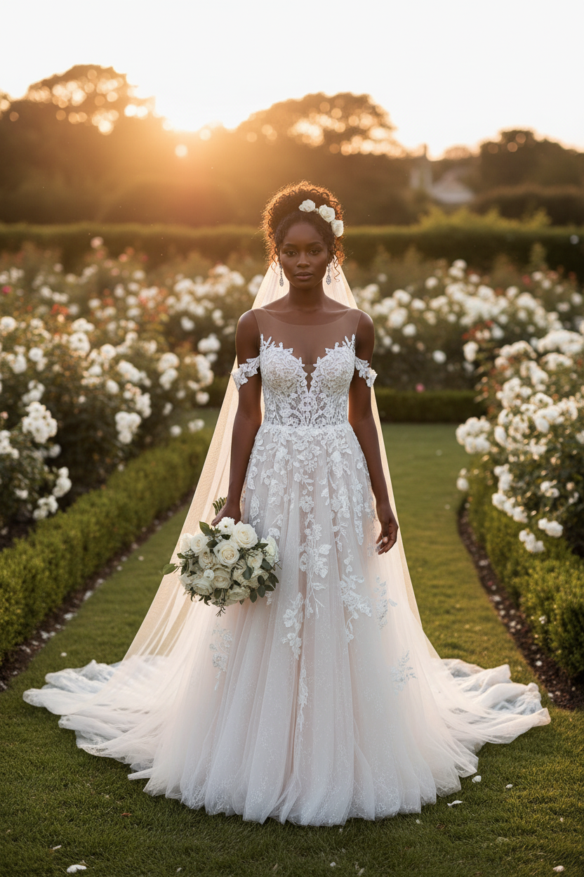 Off The Shoulder Champagne Backless Wedding Dress With Tulle Lace Appliques