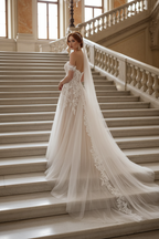 Off The Shoulder Champagne Backless Wedding Dress With Tulle Lace Appliques