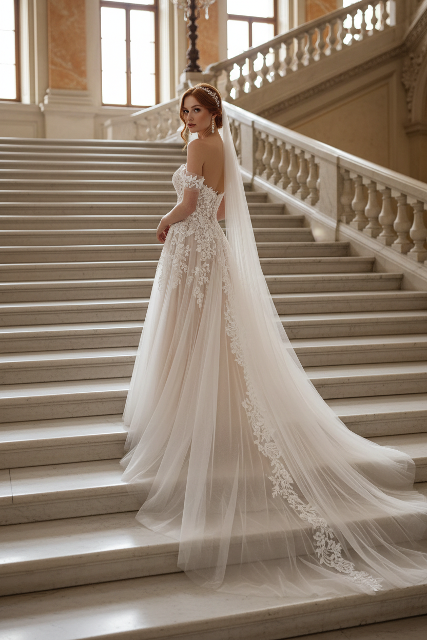 Off The Shoulder Champagne Backless Wedding Dress With Tulle Lace Appliques