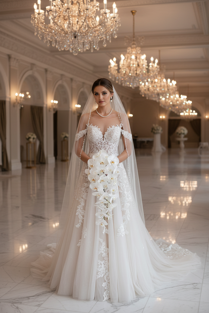 Off The Shoulder Champagne Backless Wedding Dress With Tulle Lace Appliques