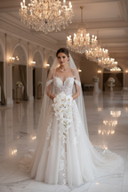 Off The Shoulder Champagne Backless Wedding Dress With Tulle Lace Appliques