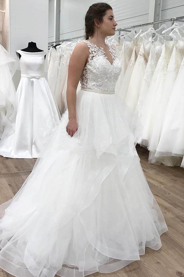A-line Appliques Ruffles Organza Floor Length Wedding Dress
