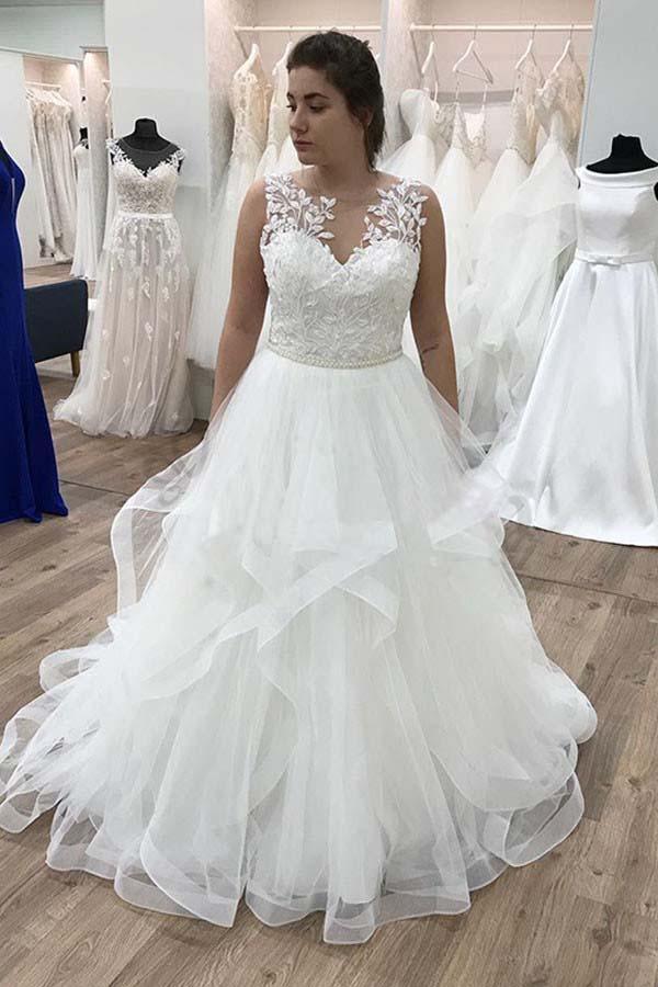 A-line Appliques Ruffles Organza Floor Length Wedding Dress