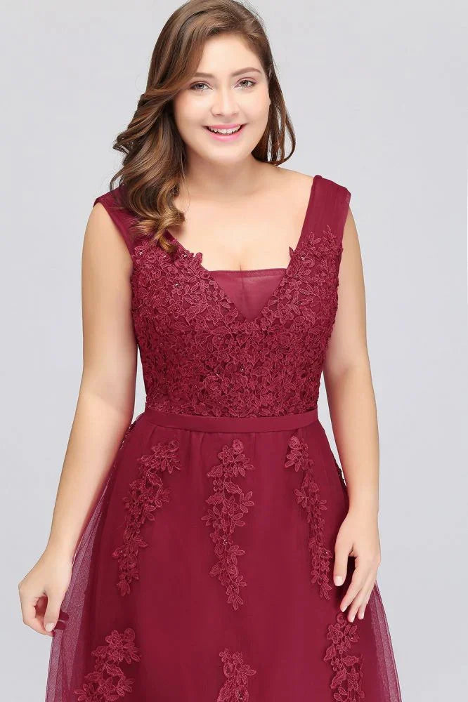 A-Line Bateau Long Plus size Sleeveless Evening Dresses with Appliques
