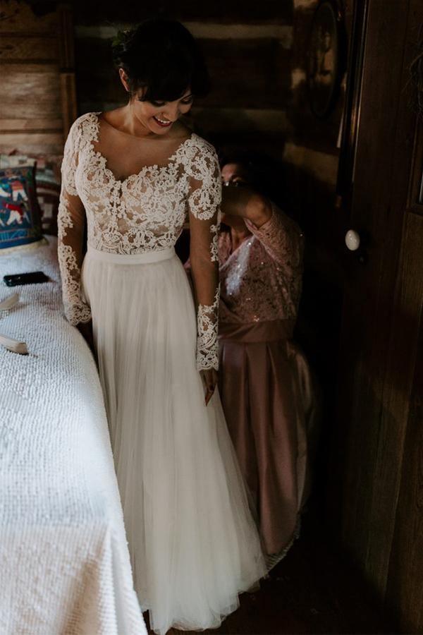 A Line Bateau Long Sleeve Rustic Lace Wedding Dresses Bridal Dress