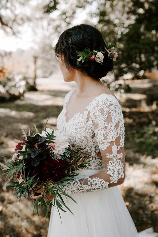 A Line Bateau Long Sleeve Rustic Lace Wedding Dresses Bridal Dress