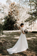 A Line Bateau Long Sleeve Rustic Lace Wedding Dresses Bridal Dress