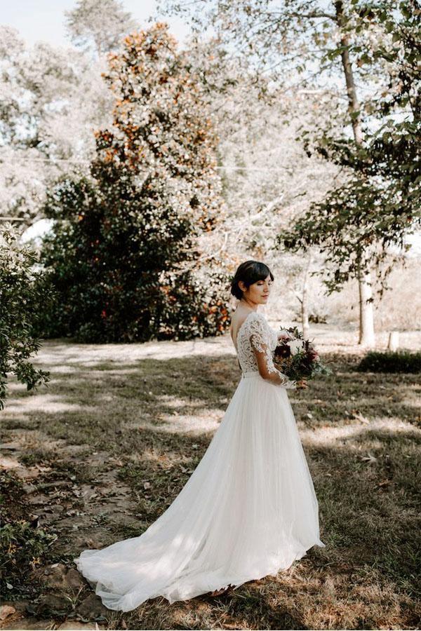 A Line Bateau Long Sleeve Rustic Lace Wedding Dresses Bridal Dress