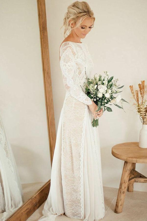 Vestido de novia de gasa con escote barco, mangas largas, espalda descubierta y encaje