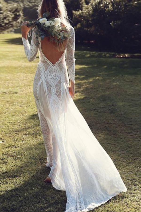 Vestido de novia de gasa con escote barco, mangas largas, espalda descubierta y encaje