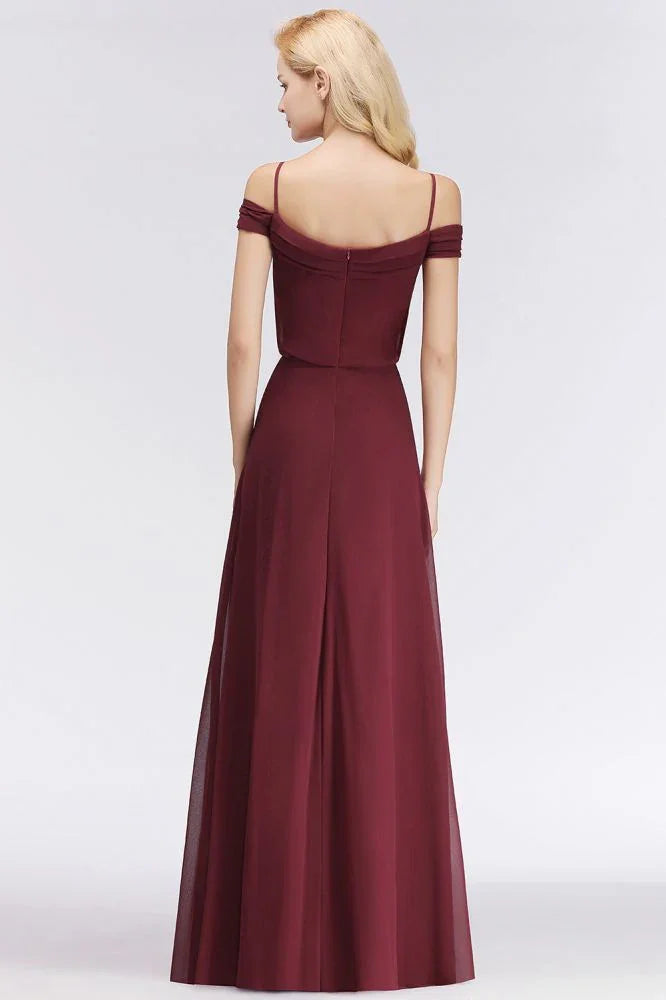 A-line Burgundy Bridesmaid Dress Off-the-shoulder Floor Length Party Dress