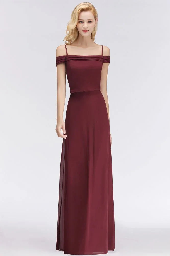 A-line Burgundy Bridesmaid Dress Off-the-shoulder Floor Length Party Dress