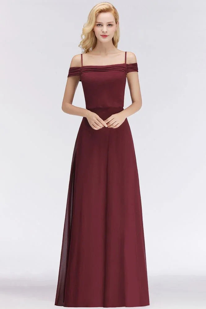 A-line Burgundy Bridesmaid Dress Off-the-shoulder Floor Length Party Dress