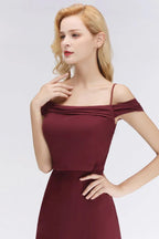 A-line Burgundy Bridesmaid Dress Off-the-shoulder Floor Length Party Dress