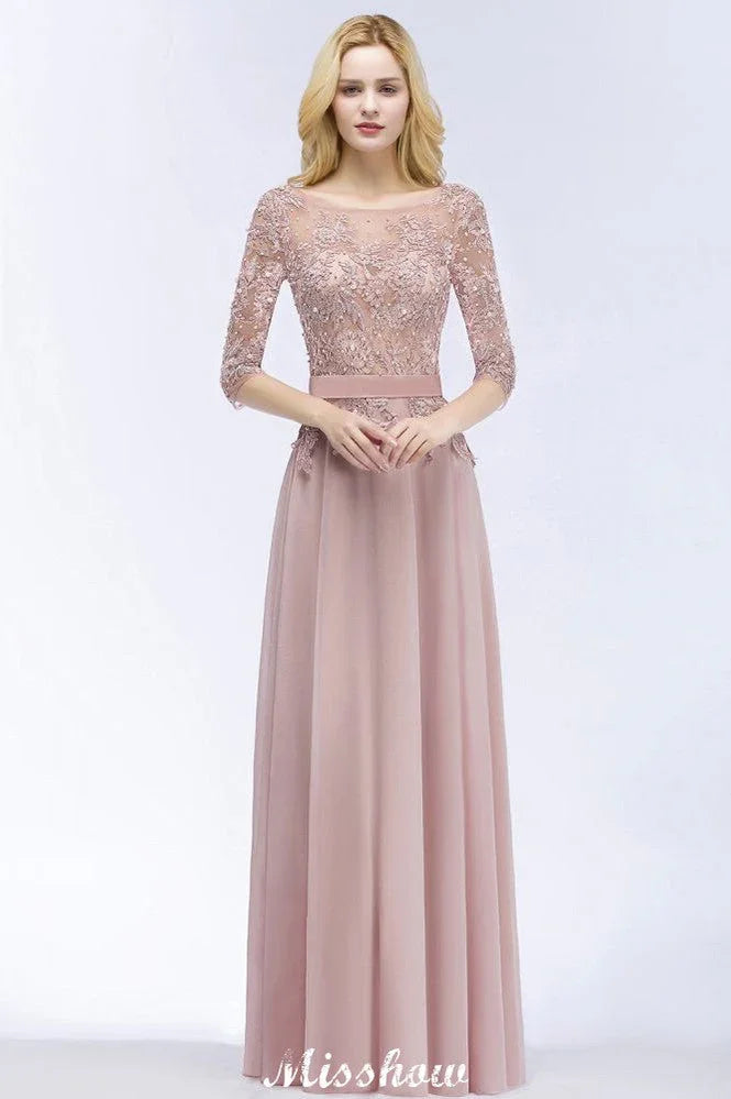 A-line Chiffon Appliques Bridesmaid Dresses Jewel Half-Sleeves Floor-Length Evening Gown with Sash
