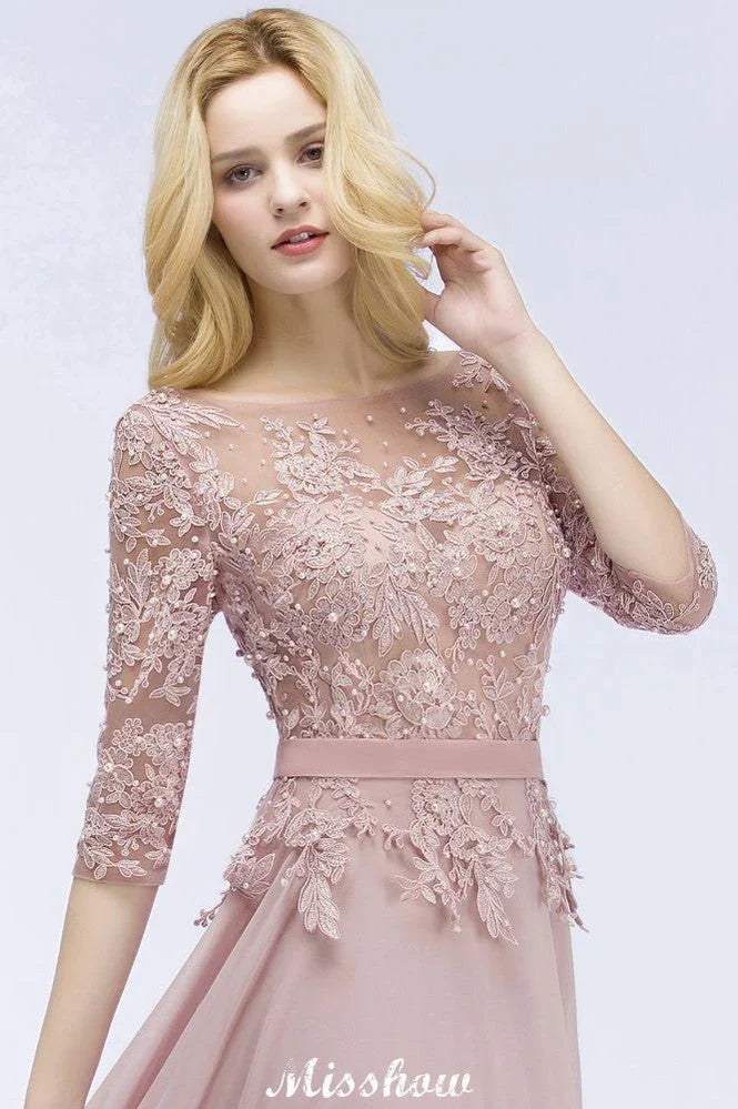 A-line Chiffon Appliques Bridesmaid Dresses Jewel Half-Sleeves Floor-Length Evening Gown with Sash