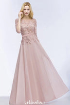A-line Chiffon Appliques Bridesmaid Dresses Jewel Half-Sleeves Floor-Length Evening Gown with Sash