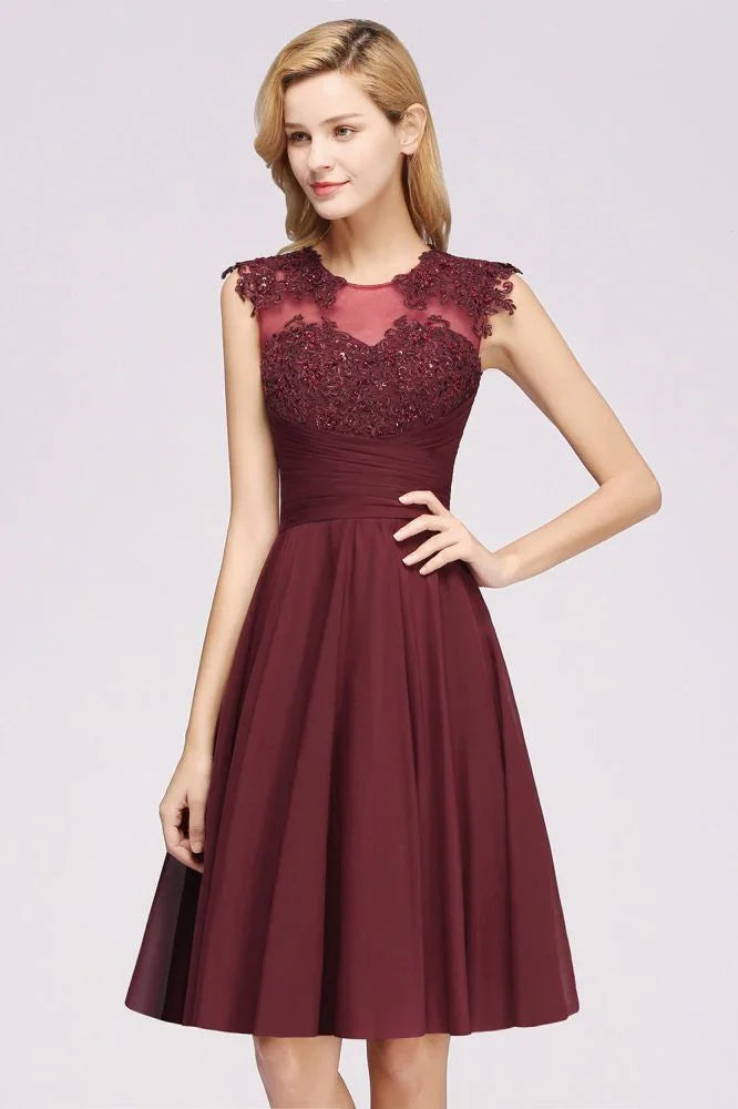 A-line Chiffon Appliques Jewel Sleeveless Knee-Length Bridesmaid Dresses with Ruffles