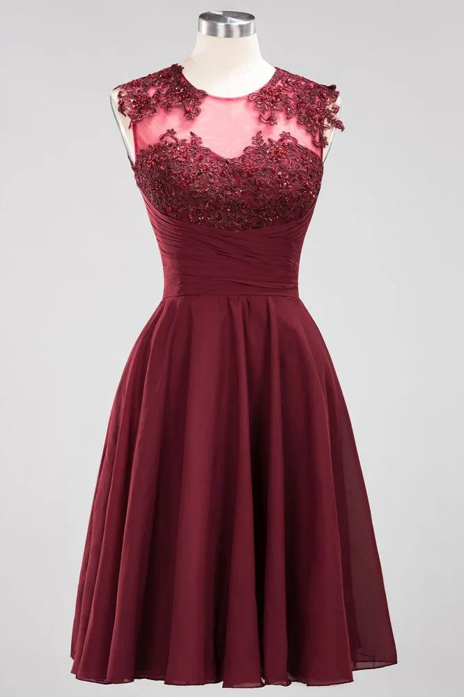 A-line Chiffon Appliques Jewel Sleeveless Knee-Length Bridesmaid Dresses with Ruffles