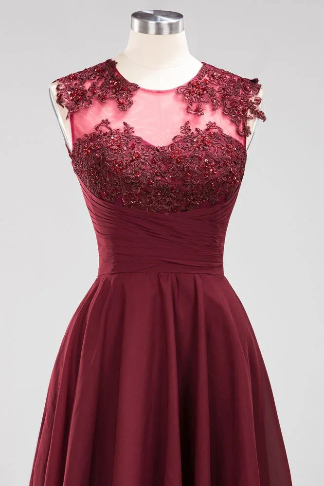 A-line Chiffon Appliques Jewel Sleeveless Knee-Length Bridesmaid Dresses with Ruffles