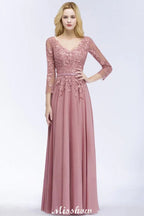 A-line Chiffon Floor-Length Bridesmaid Dress Appliques V-Neck Long-Sleeves Evening Dress