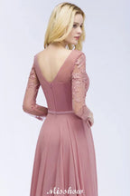 A-line Chiffon Floor-Length Bridesmaid Dress Appliques V-Neck Long-Sleeves Evening Dress