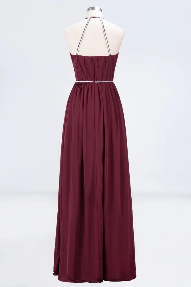A-line Chiffon Halter Sleeveless Floor-Length Bridesmaid Dress with Beading Sash
