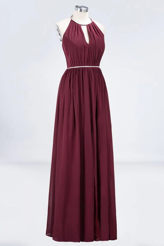 A-line Chiffon Halter Sleeveless Floor-Length Bridesmaid Dress with Beading Sash