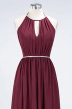 A-line Chiffon Halter Sleeveless Floor-Length Bridesmaid Dress with Beading Sash