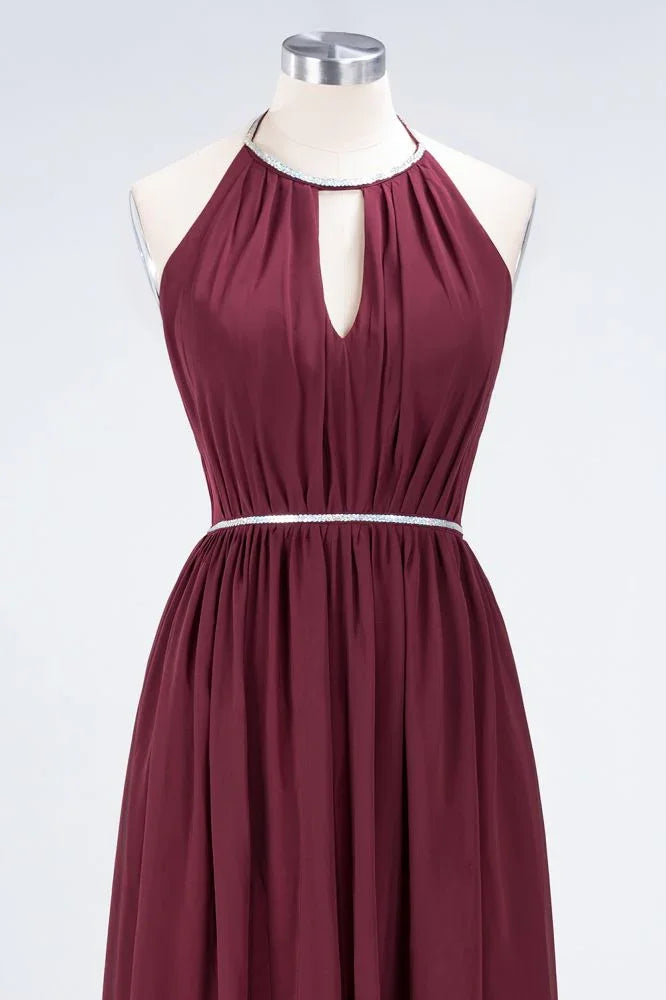 A-line Chiffon Halter Sleeveless Floor-Length Bridesmaid Dress with Beading Sash